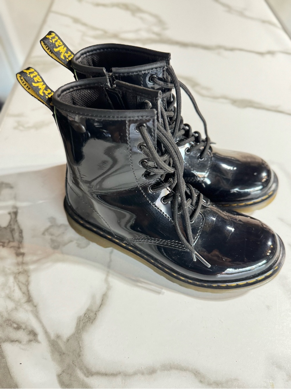 Dr. Martens Kids Patent Black Lace-Up Boots with Yellow Heel Loop